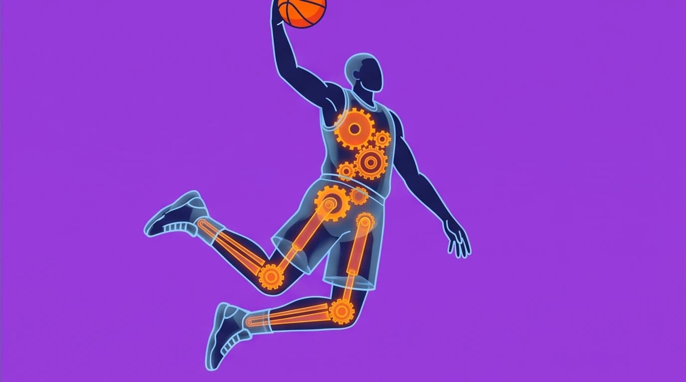 Artwork inspired by basketball workout books, depicting an athlete's anatomy as a powerful engine for explosive on-court conditioning.