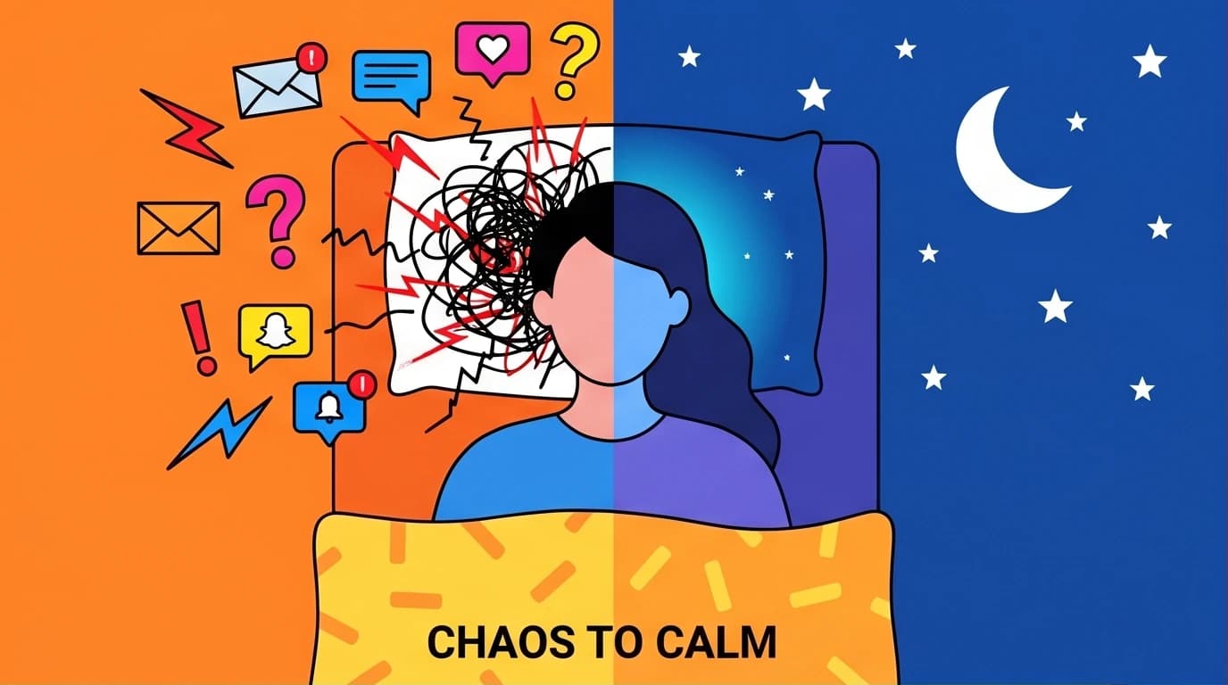 An illustration showing how bedtime meditation transforms an anxious, chaotic mind into a calm state for deep, restful sleep.