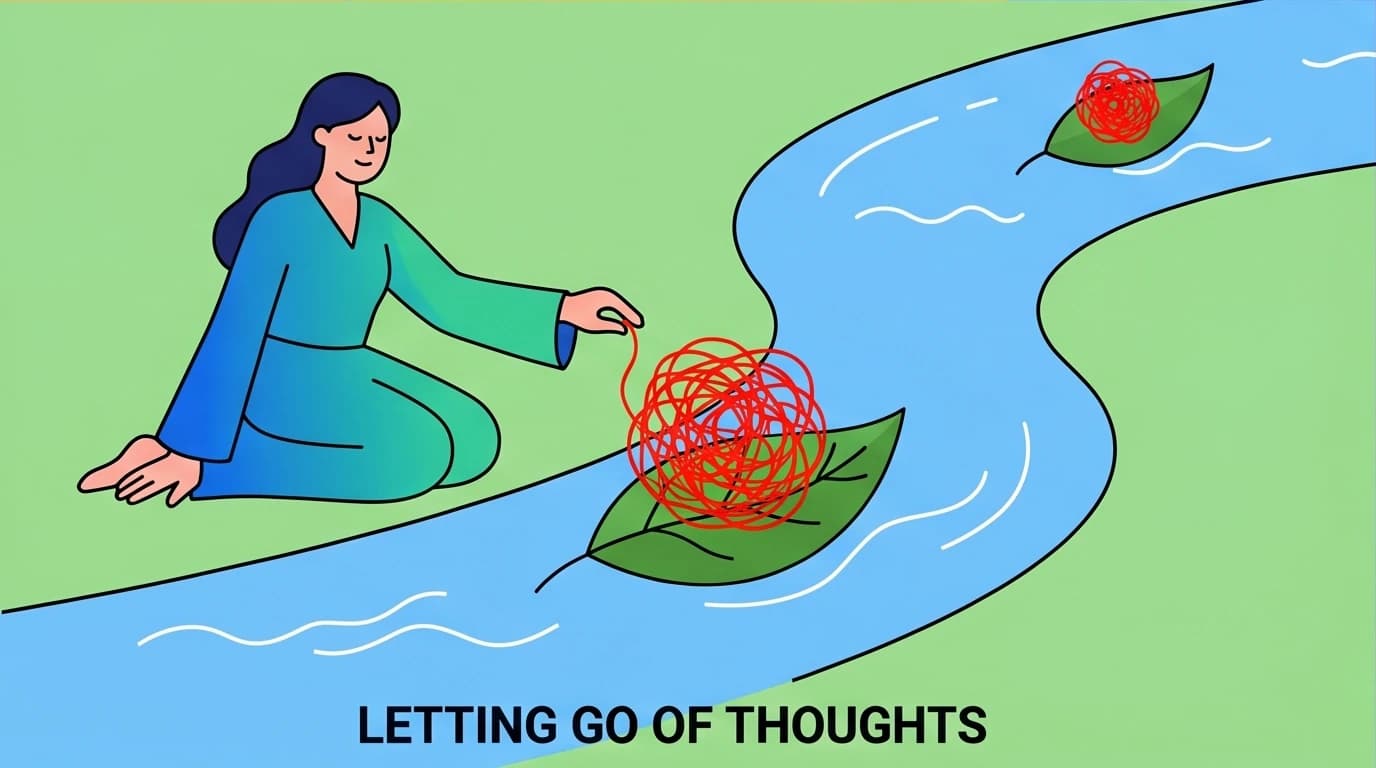 A person practicing a bedtime meditation technique, letting go of anxious thoughts by watching them float away on a stream.