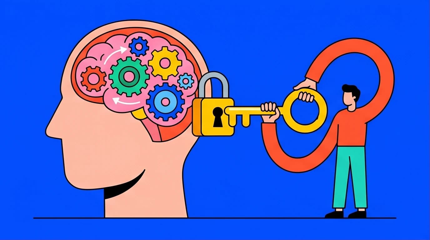 An illustration of unlocking the brain's mechanisms with a key, symbolizing how behavioral psychology books help in decision making and habit formation.