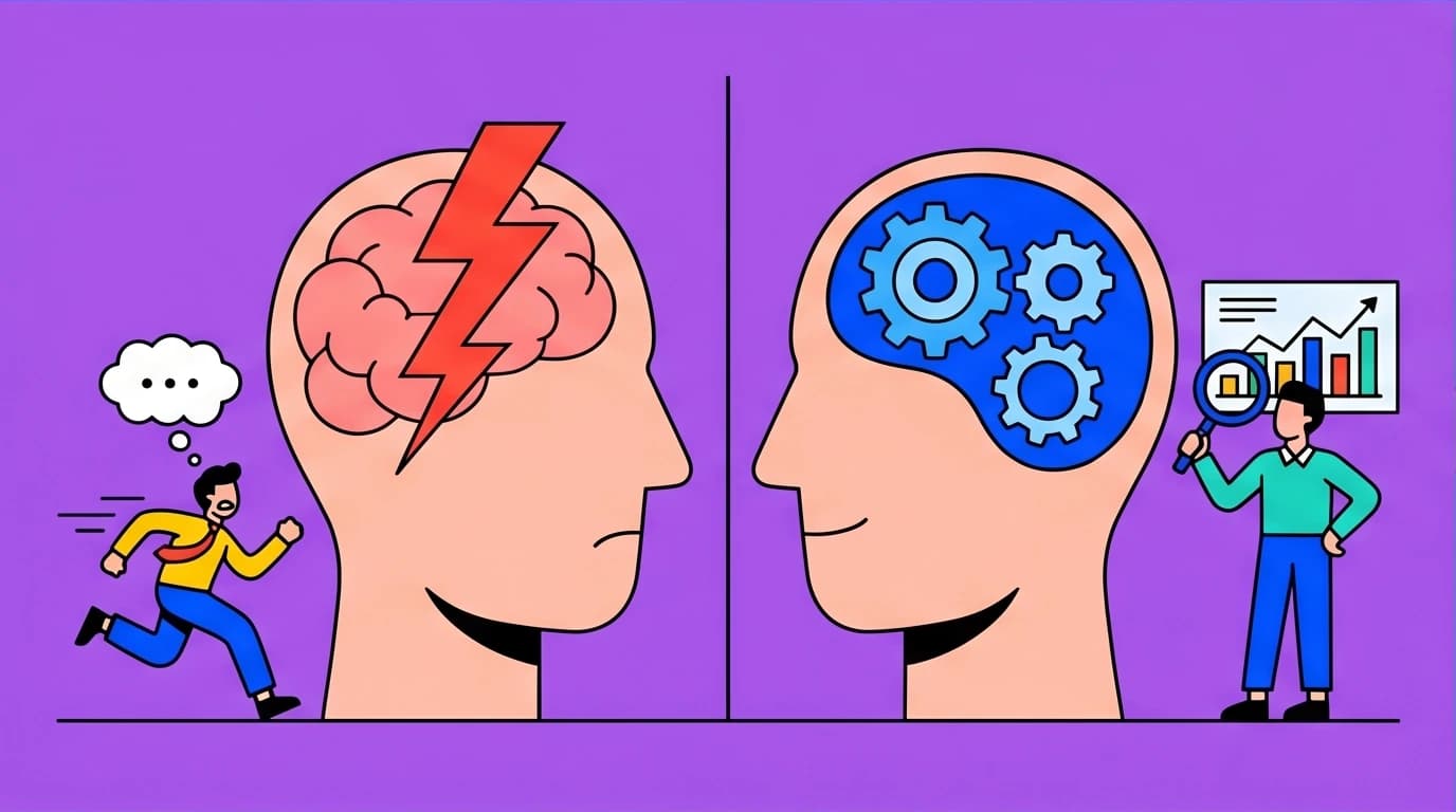 A comparison of System 1 (fast, intuitive) and System 2 (slow, logical) thinking, illustrating a key concept of cognitive bias from behavioral psychology.