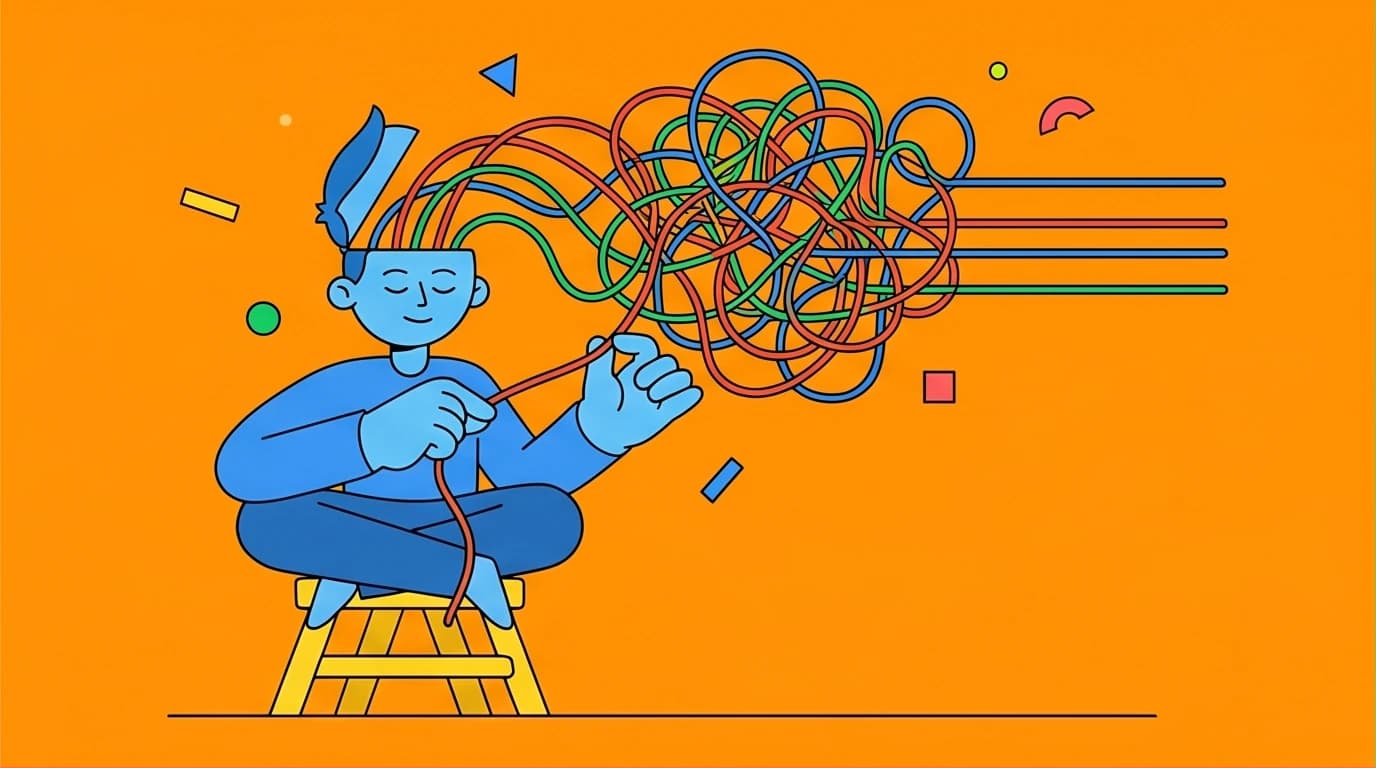 An illustration showing the benefits of Cognitive Behavioral Therapy for anxiety, where a person methodically untangles chaotic thoughts.