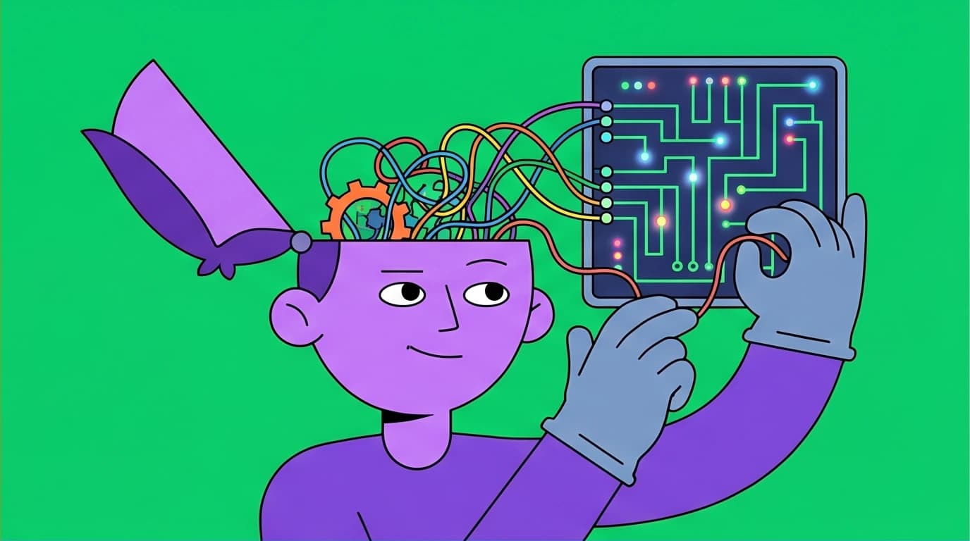 A metaphor for how CBT works: a person actively rewires tangled neural pathways in their brain into an organized system for anxiety relief.