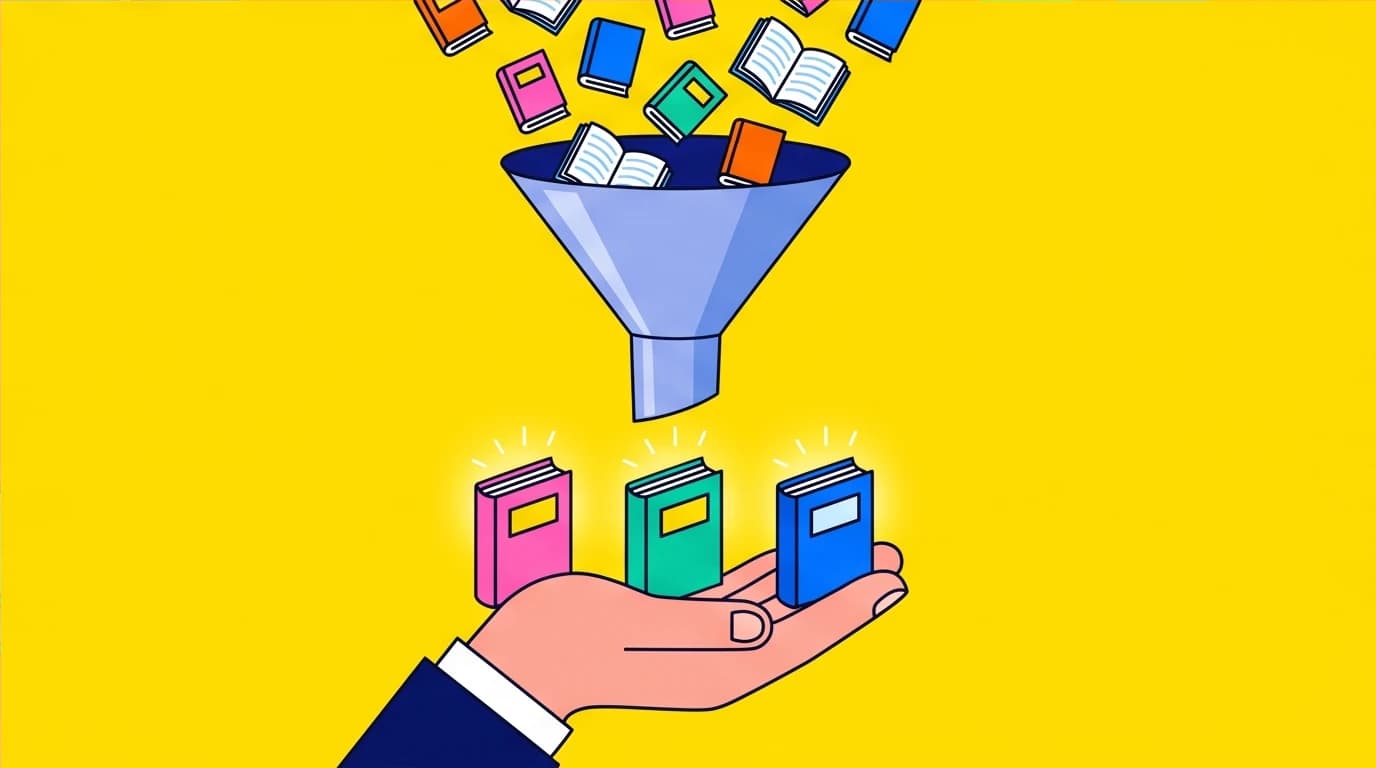 A funnel filters many business books into a few key summaries, an efficient learning strategy for entrepreneurs with limited time.
