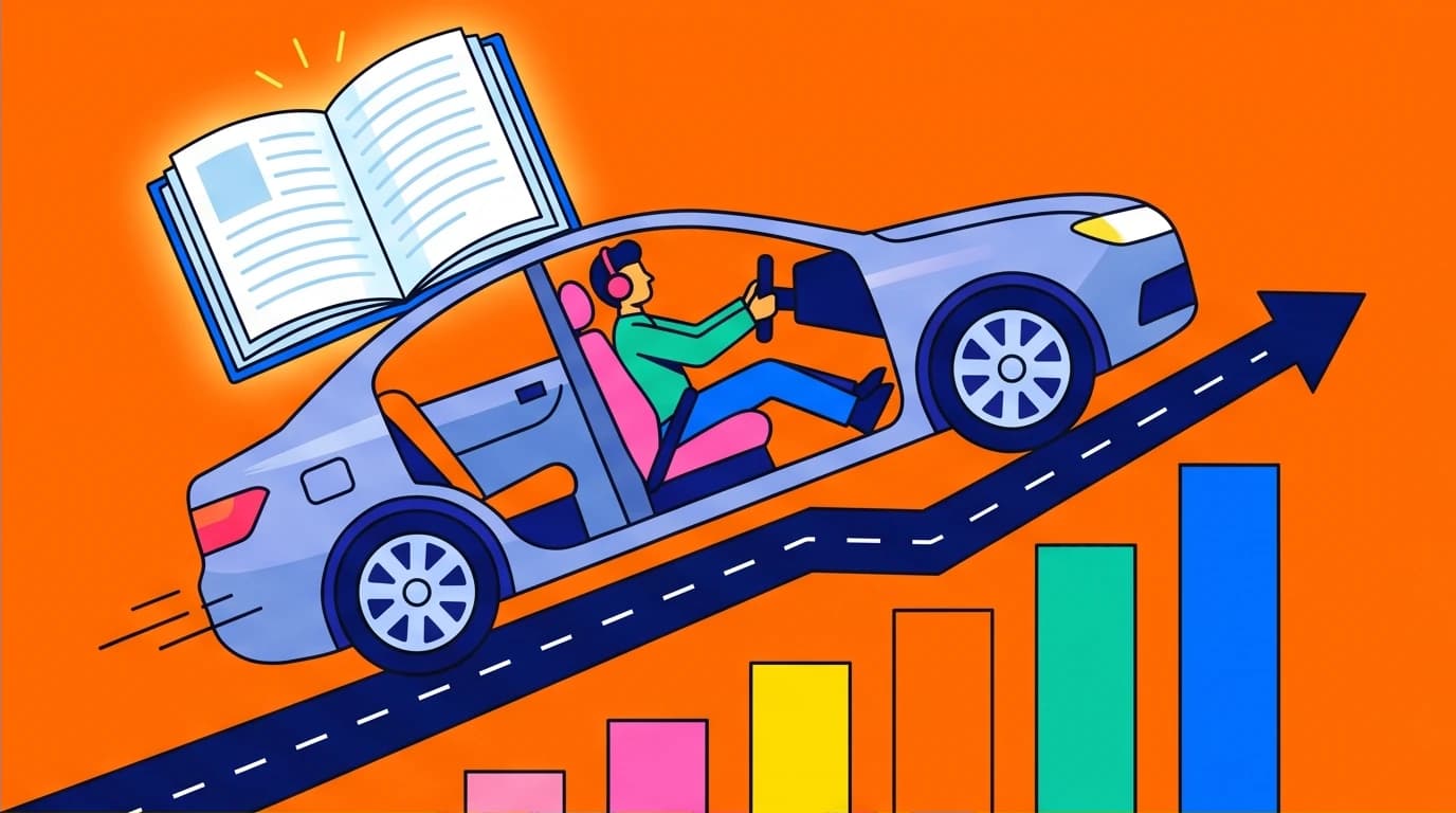 Illustration of a car's engine replaced by a book, symbolizing how entrepreneurs use audiobooks for learning during their commute.