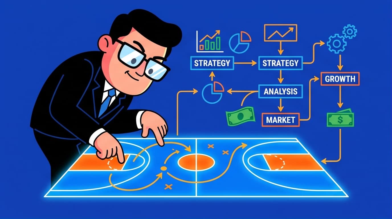 Illustration of basketball court strategies being transformed into a business blueprint, representing lessons from the best basketball biographies for developing an elite mindset.