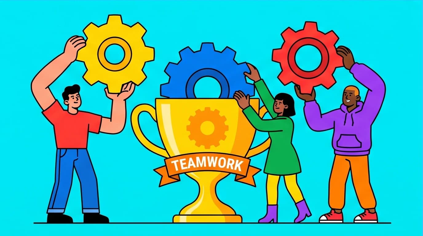 An illustration of a team building a trophy together, symbolizing the leadership lesson of teamwork over ego from Phil Jackson's sports psychology book 'Eleven Rings'.