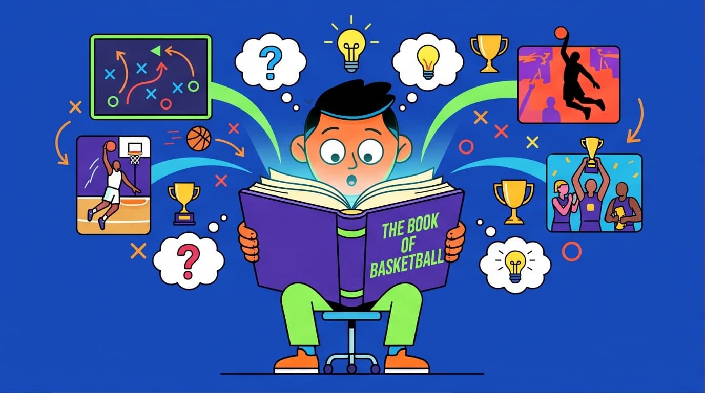 An illustration of a reader discovering insights from the best basketball books, with NBA history and tactics emerging from the pages.