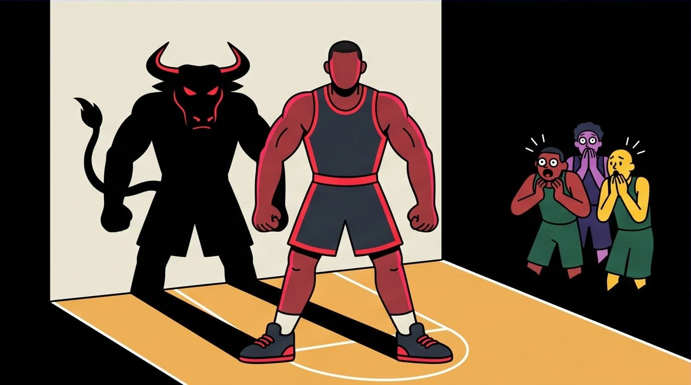 An illustration symbolizing The Jordan Rules, showing a dominant player whose shadow is a menacing bull, representing his intense leadership.
