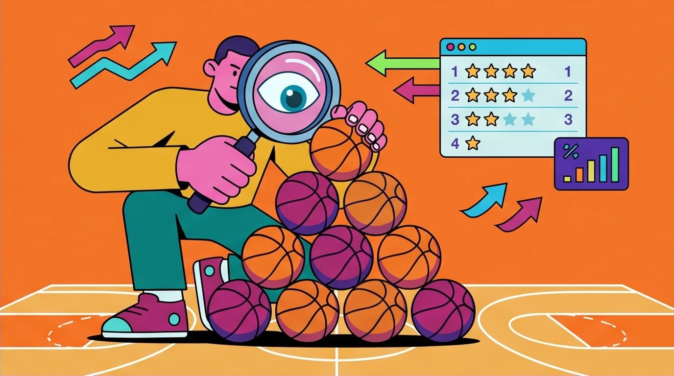 A visual metaphor for The Book of Basketball, showing a figure building a pyramid of basketballs to rank the greatest NBA players.