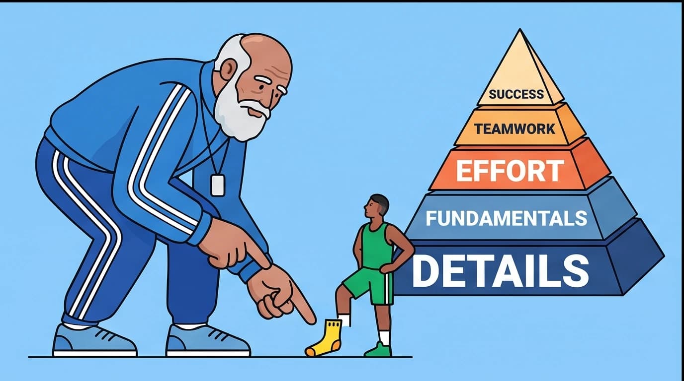 A wise coach teaching an athlete a fundamental detail with a Pyramid of Success, illustrating John Wooden's culture-building philosophy from basketball coaching books.