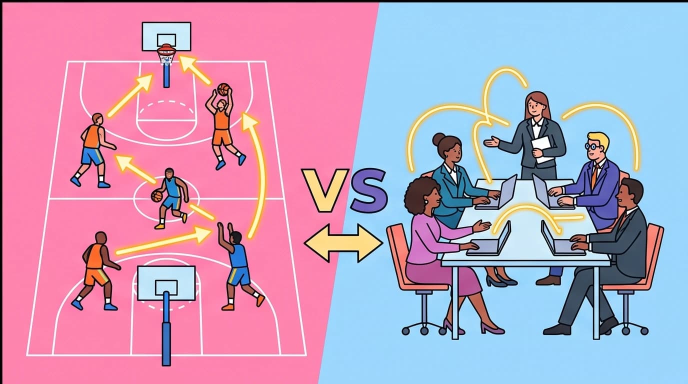 A split-screen graphic showing how strategic plays from basketball coaching books translate directly to effective team collaboration and leadership in a business office.