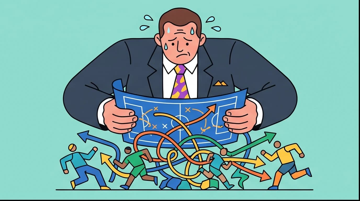 A Corporate Memphis illustration of a leader with a strategic plan looking at a disorganized team, symbolizing the leadership challenges addressed in basketball coaching books.