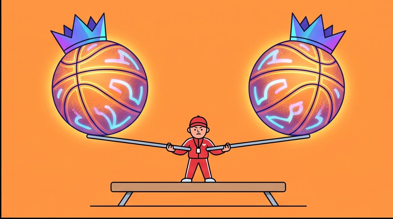 An illustration of a coach balancing two giant, crowned basketballs, representing Phil Jackson's method of managing massive egos as detailed in leadership books.