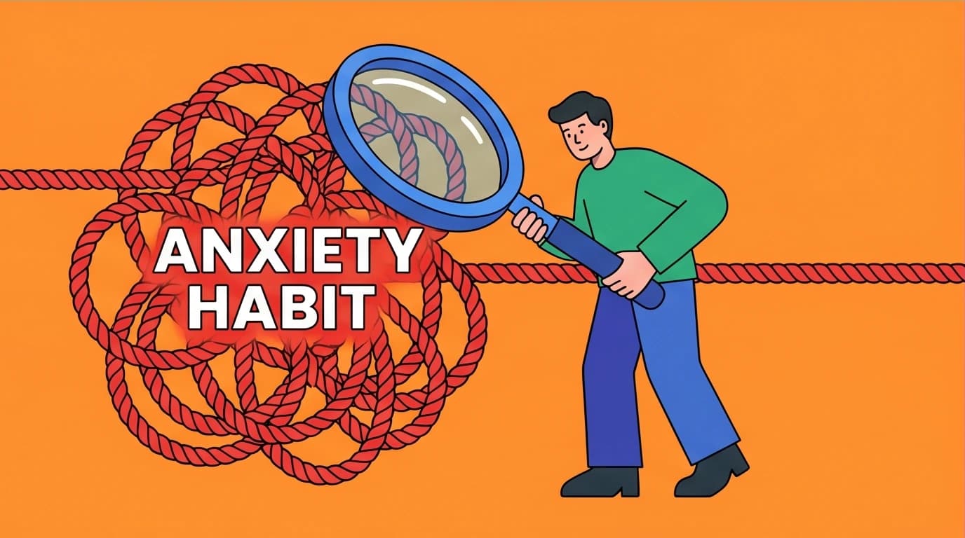 Illustration of untangling the 'anxiety habit' through mindfulness, inspired by top-rated books for stopping mental exhaustion.
