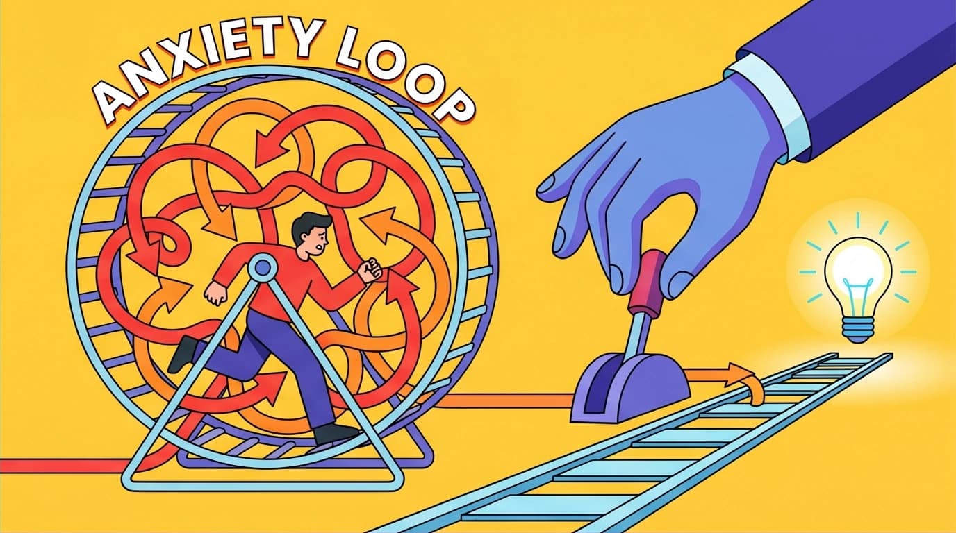 A visual metaphor showing how reading self-help books breaks the cycle of overthinking and provides a clear path to mental relief.