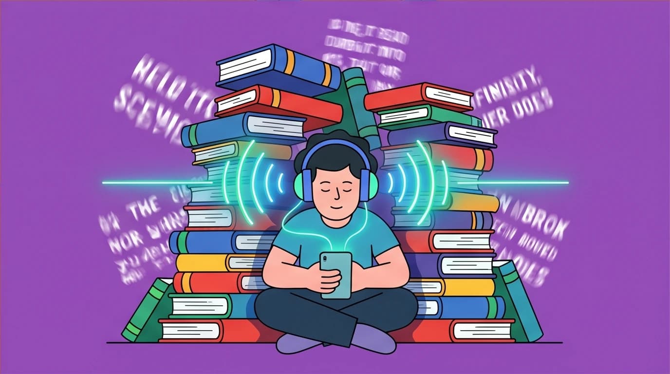 A person choosing audiobooks on a smartphone to overcome the difficulty of reading while experiencing severe anxiety and stress.