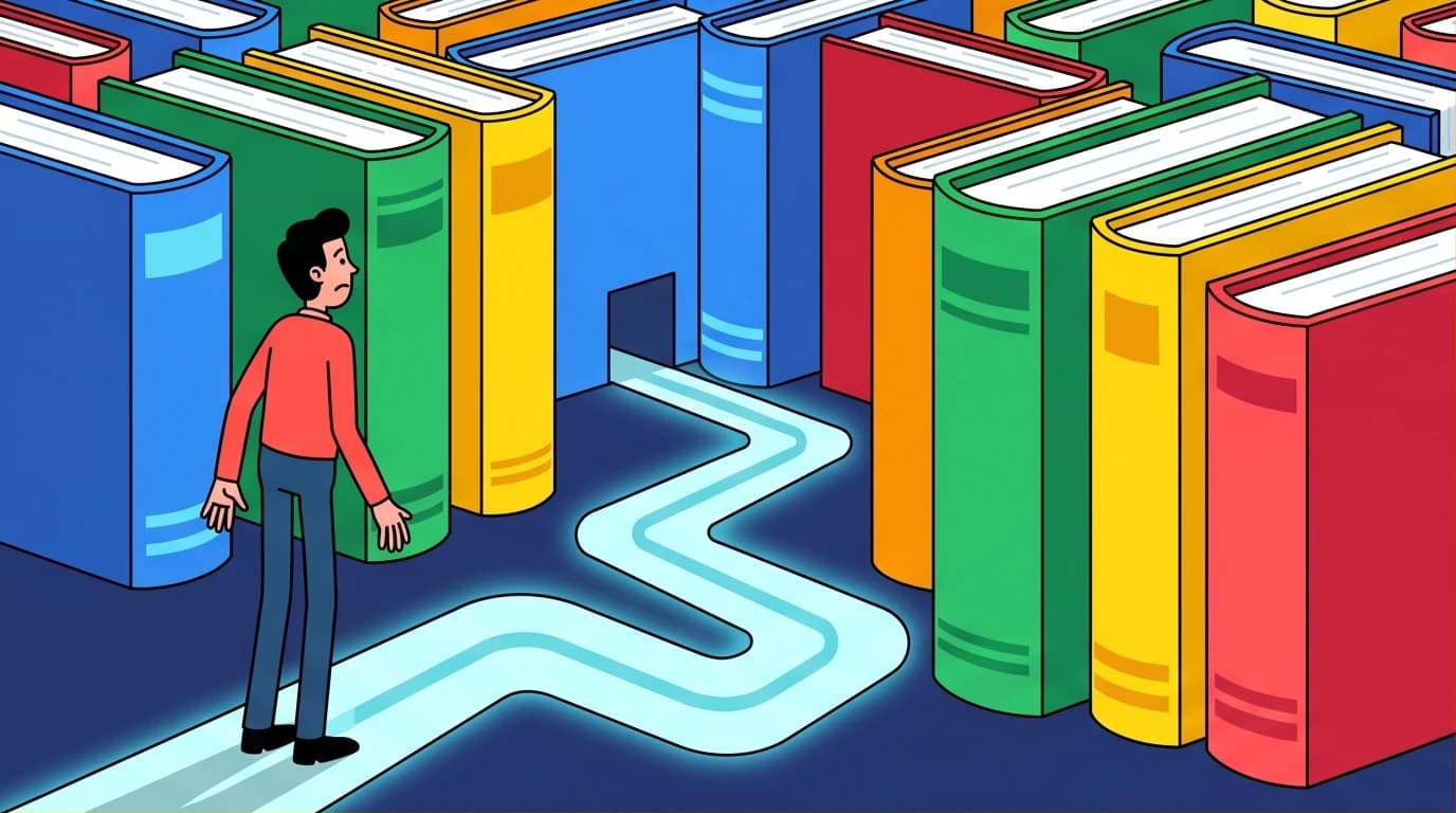 An entrepreneur uses a book roadmap to navigate the confusing maze of starting a business, illustrating the best books for beginning entrepreneurs.