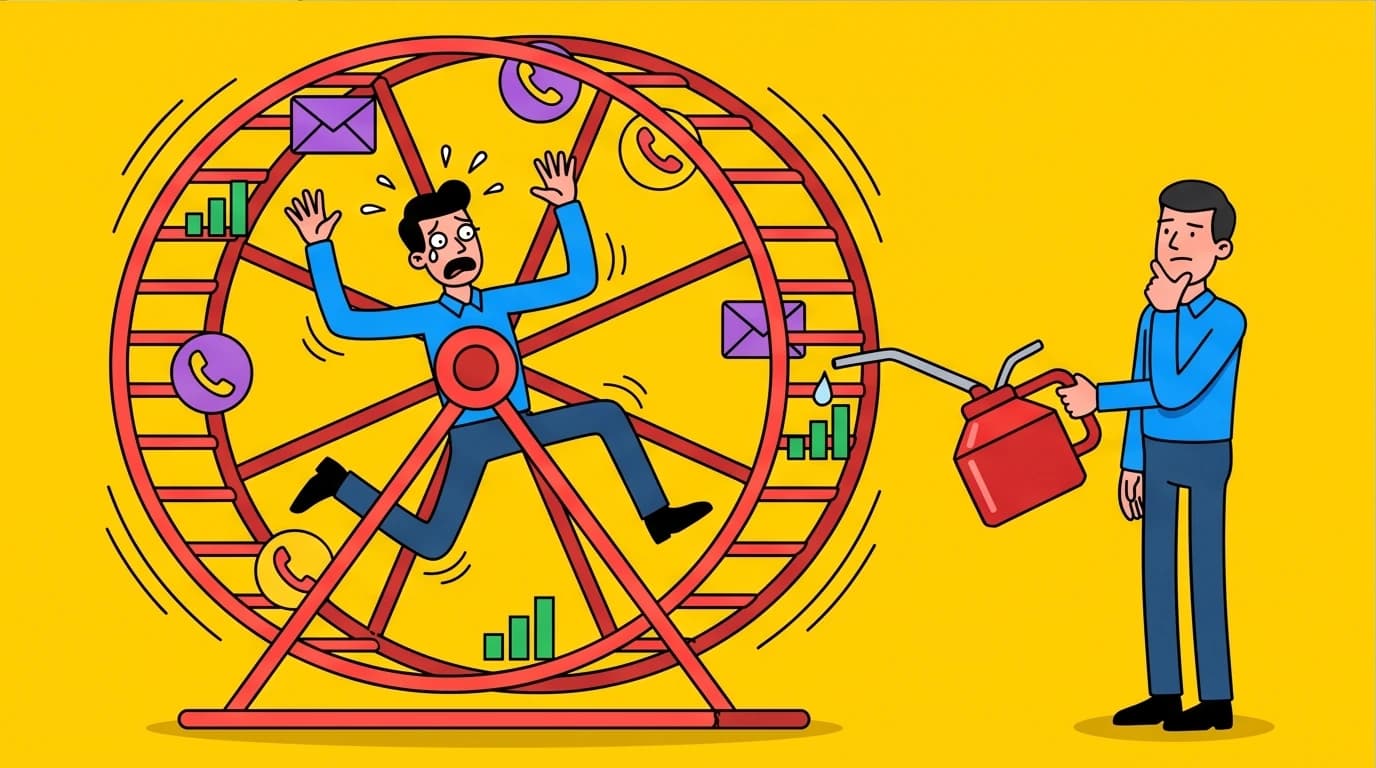 A calm entrepreneur works on the business system (a hamster wheel) instead of in it, illustrating a core lesson for beginning entrepreneurs from The E-Myth.