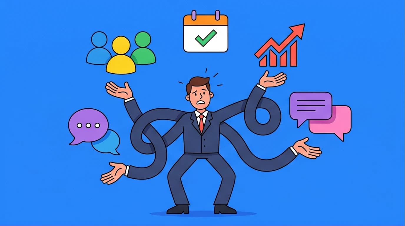 Illustration of a new manager juggling tasks like 1-on-1s and strategy, a key challenge addressed in the best books for new managers.