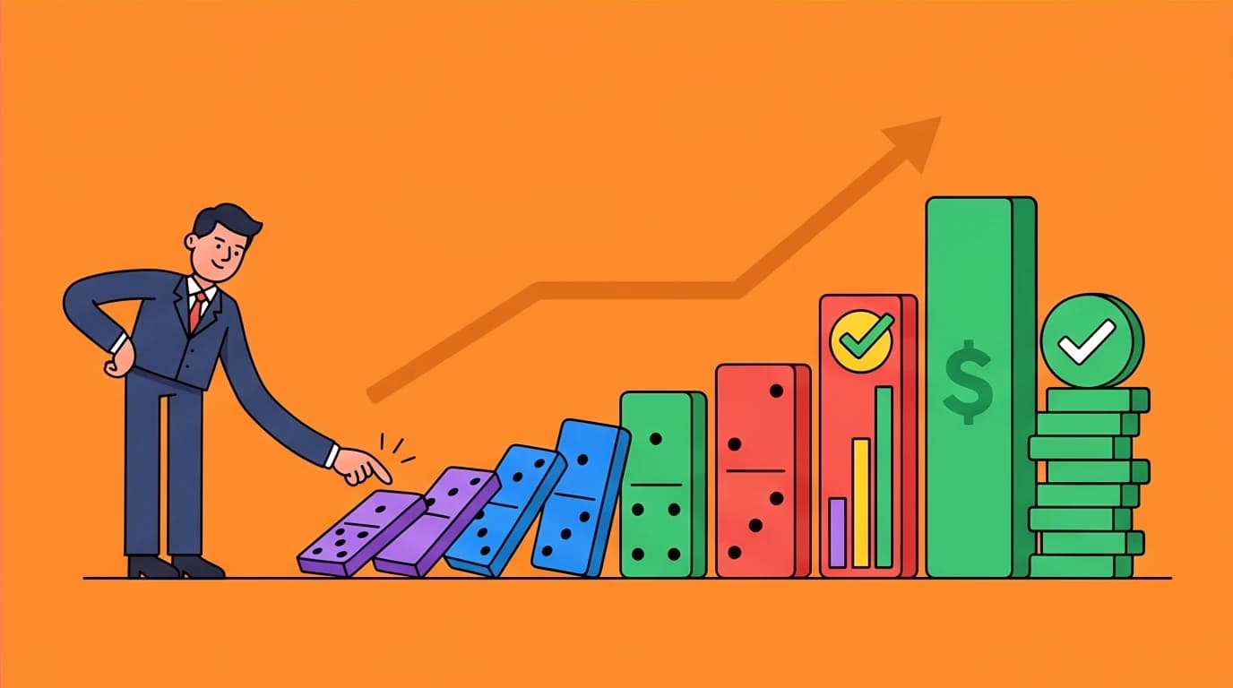 A manager starting a domino effect of productivity, illustrating the principle of managerial leverage from books on team efficiency.
