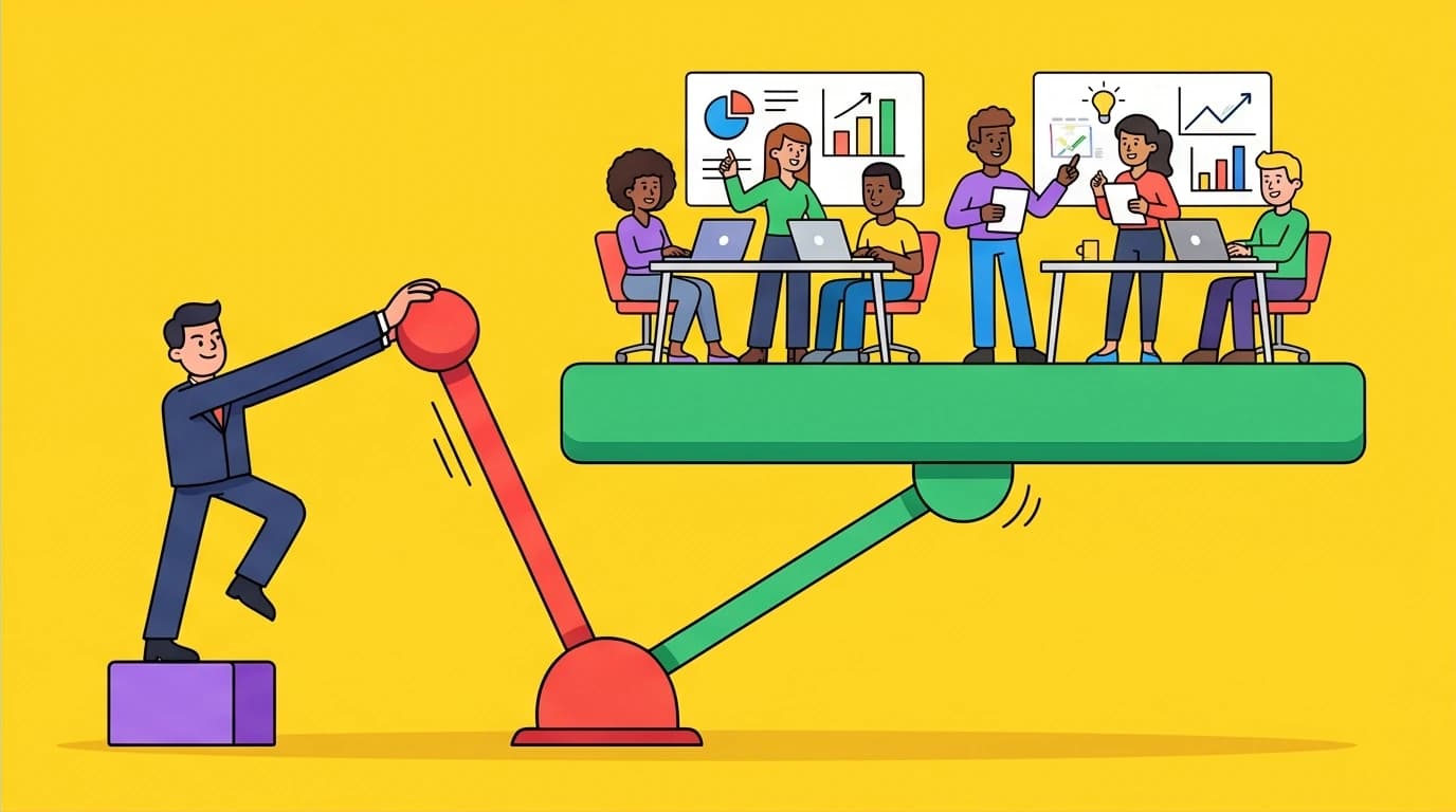 A manager using a lever to lift their team, symbolizing the mindset shift from doing to leading, a core concept in books for first time managers.