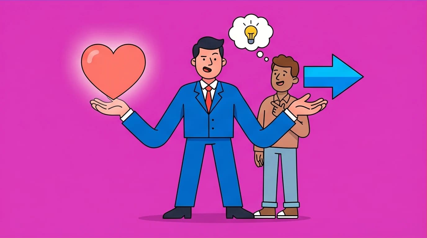 Manager balancing a heart and an arrow, representing Radical Candor's feedback method from essential leadership books for beginners.