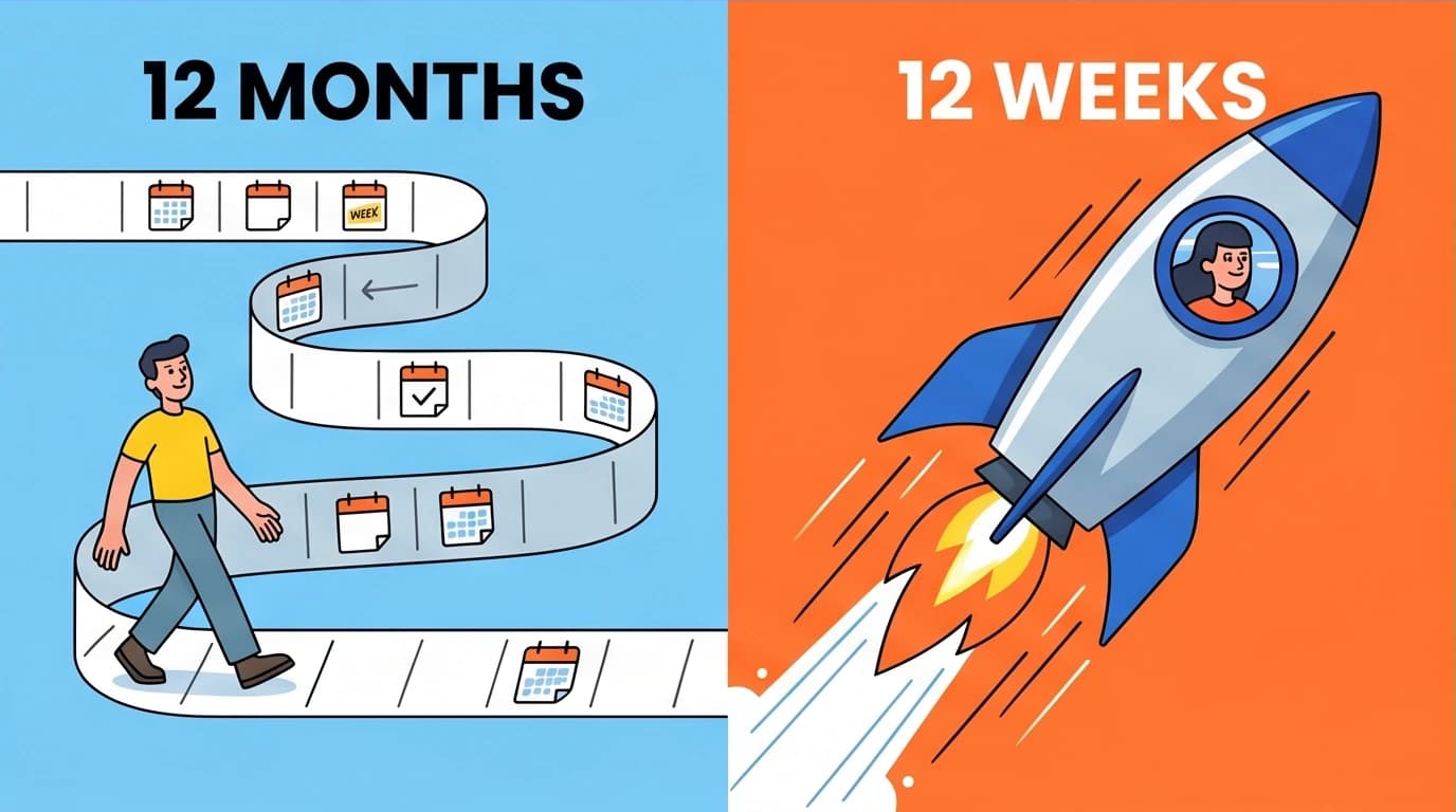A visual comparison of a slow 12-month goal timeline versus a high-impact 12 Week Year framework, showing a rocket for intense productivity.