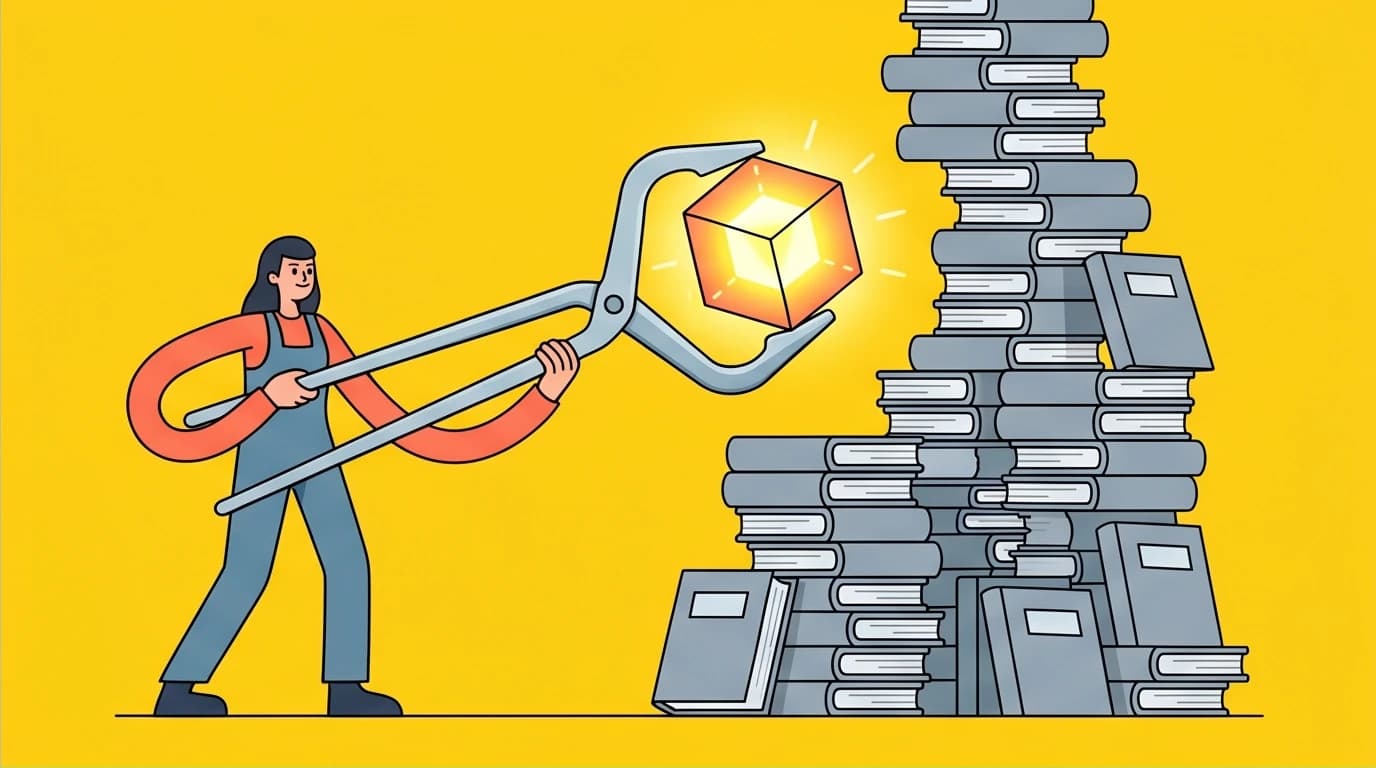 An illustration of extracting a core framework from a pile of goal setting books, symbolizing the value of summaries over filler content.