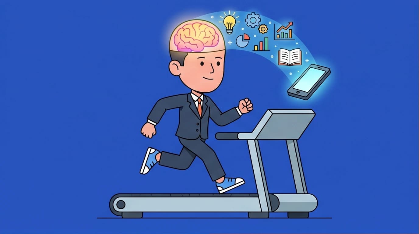 A busy achiever absorbs goal setting book summaries for fast execution. Illustration in Corporate Memphis style shows key strategies streaming from a phone.