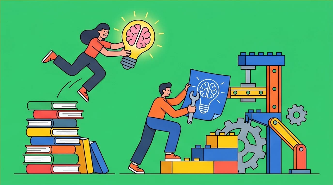 A character turns knowledge from goal setting books into action, building a structure to represent the importance of execution over passive reading.