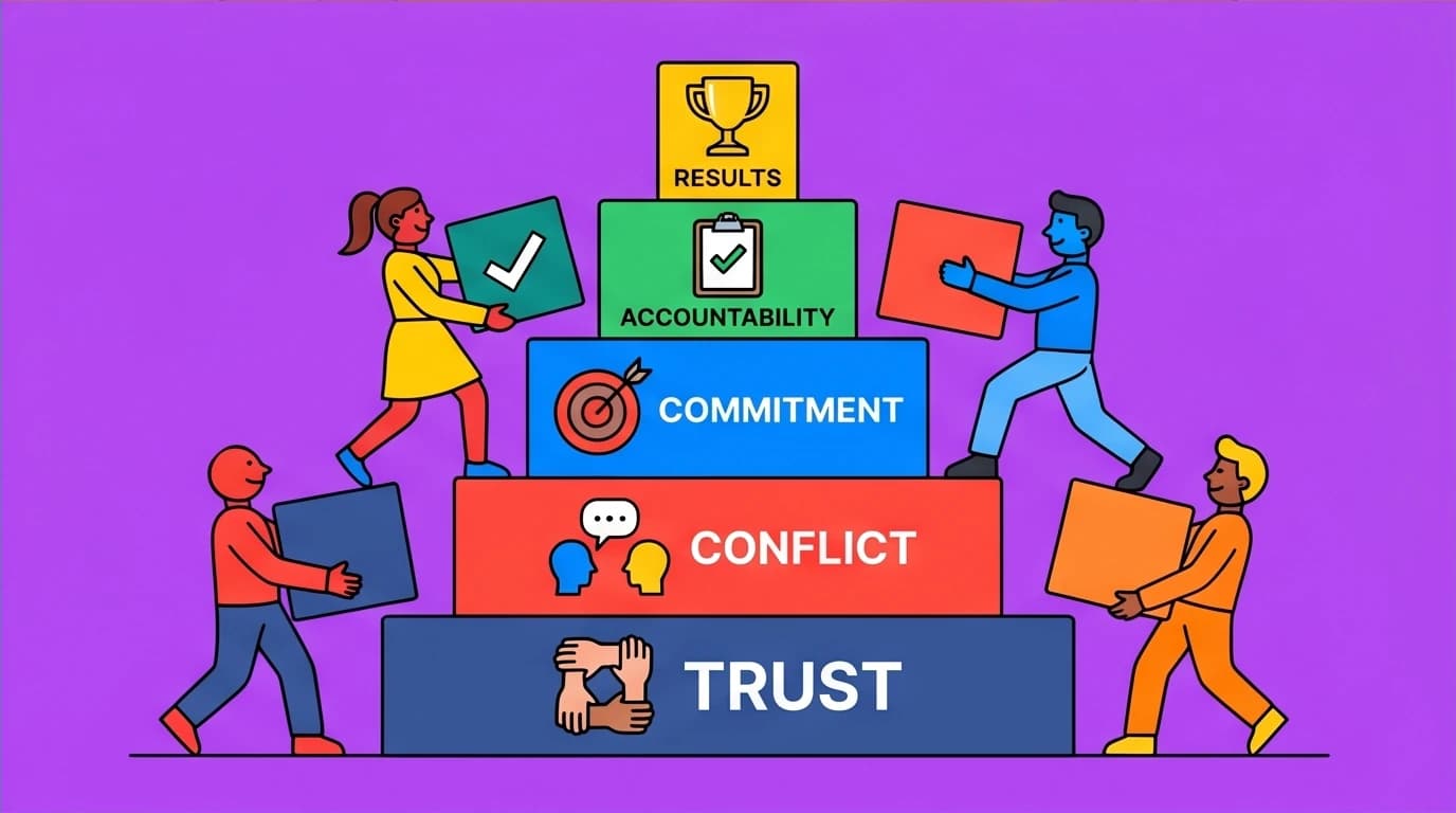 A team builds a pyramid representing Lencioni's five dysfunctions model, a key framework from books on effective team management.