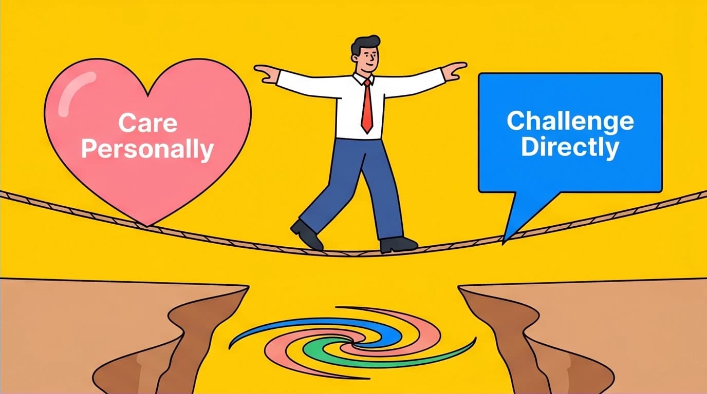 Illustration of the Radical Candor framework, where a manager balances on a tightrope between caring personally and challenging directly.