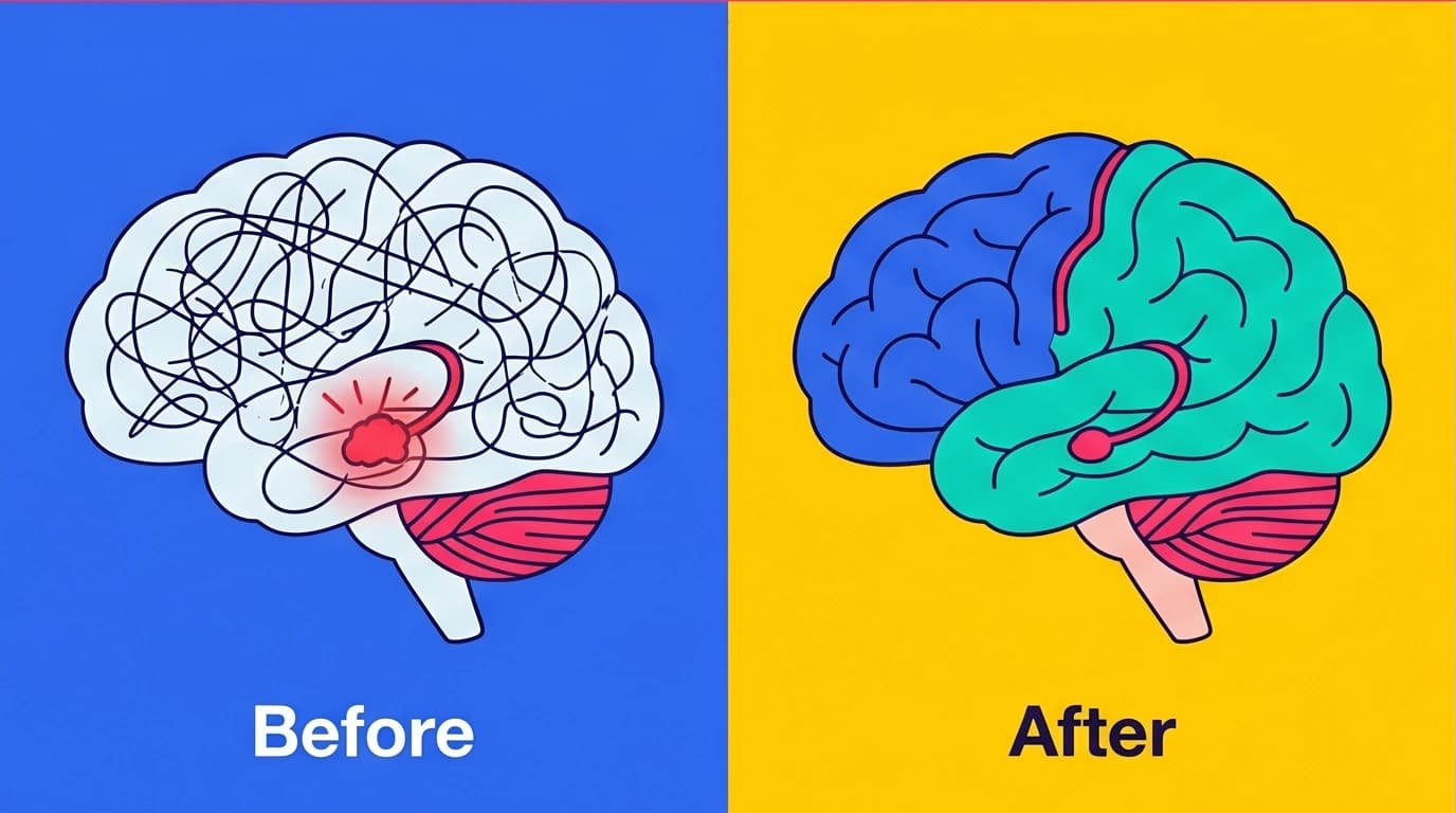 Illustration showing how mindfulness meditation creates lasting brain changes (traits) versus temporary calm feelings (states).