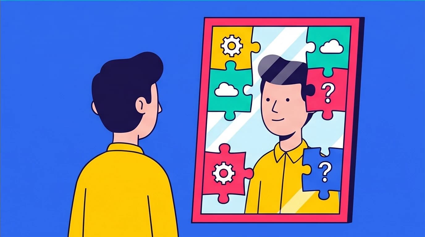 An abstract representation of the 'illusion of self' concept from mindfulness books, showing the mind as fragmented thoughts.