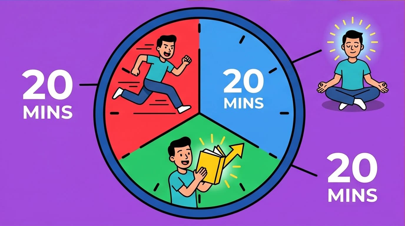 An illustration of 'The 5 AM Club' 20/20/20 formula, showing how to structure a morning routine with time for movement, reflection, and growth.
