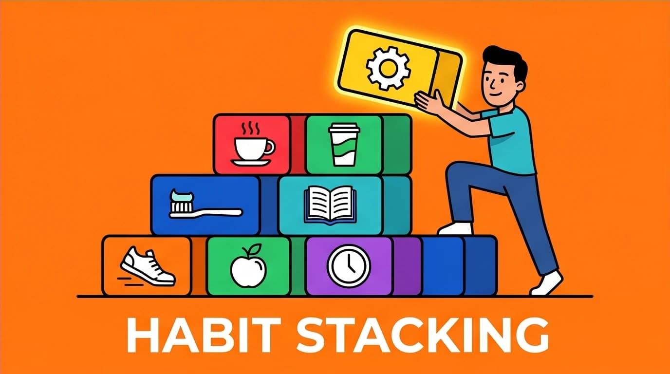 An illustration of the 'Atomic Habits' principle of habit stacking, building a strong morning routine by linking small, daily actions together into a system.