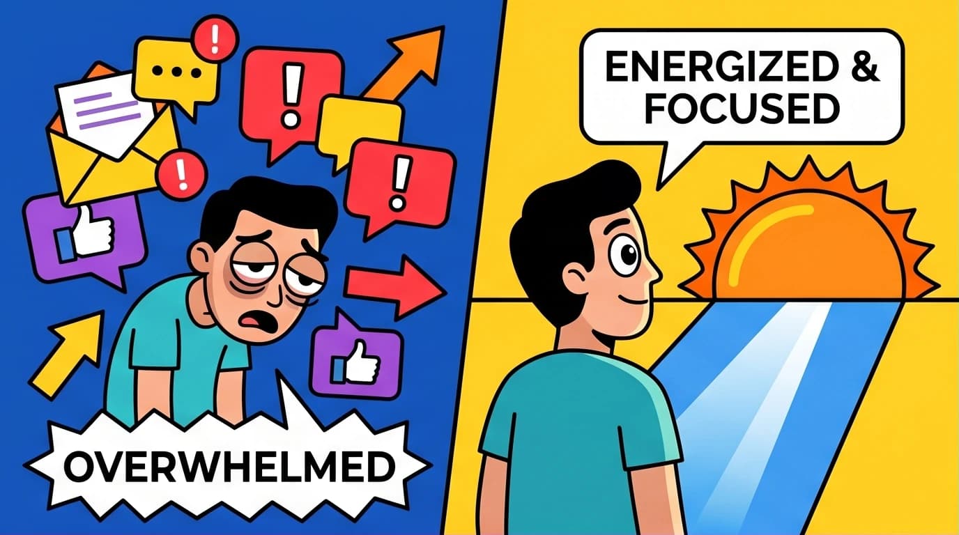 An illustration showing the transformation from a chaotic morning with digital notifications to a focused morning routine, inspired by the best productivity books.