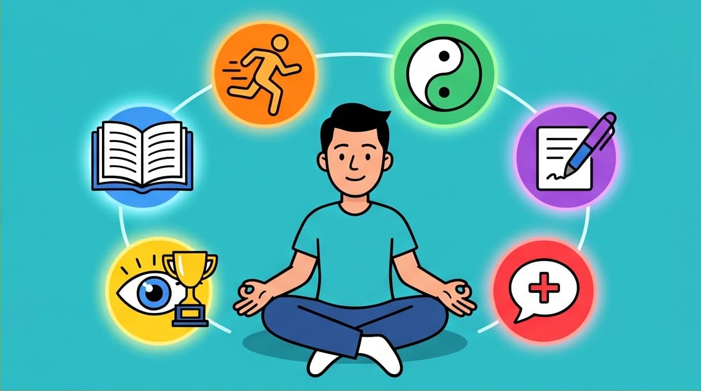 A visual representation of 'The Miracle Morning' S.A.V.E.R.S. method, with icons for silence, affirmations, and exercise to build a better wake-up habit.