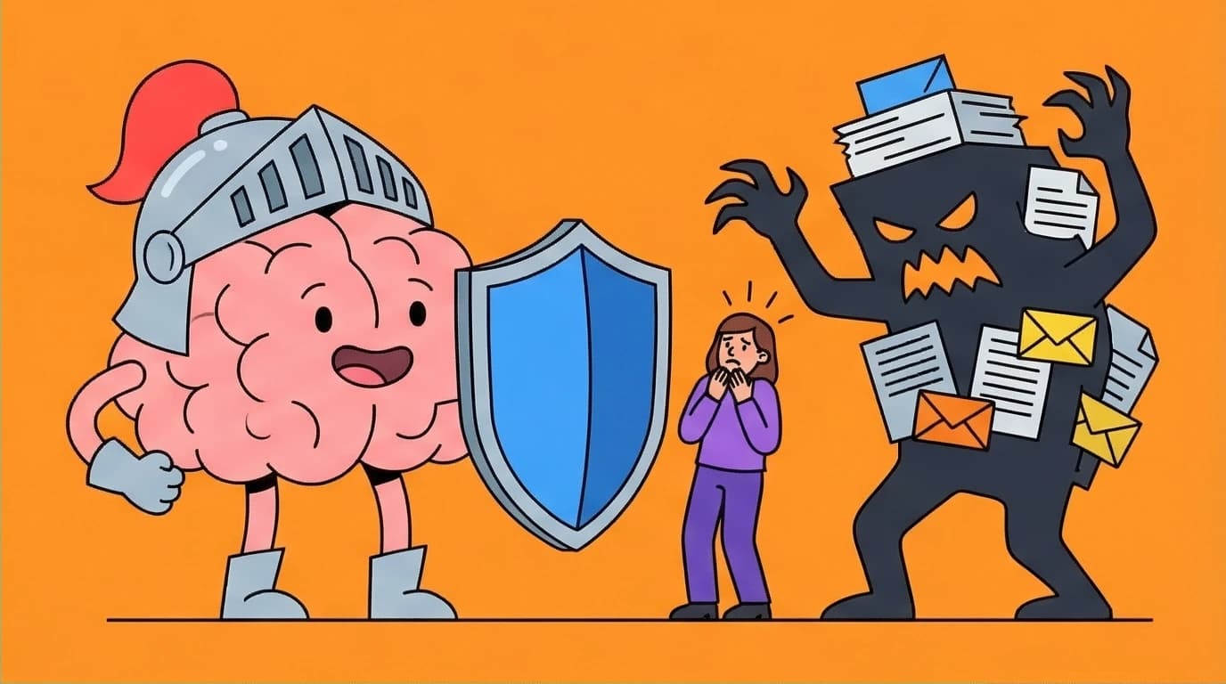 A cartoon brain with a shield protects a person from a scary task, illustrating procrastination as an emotional defense mechanism.
