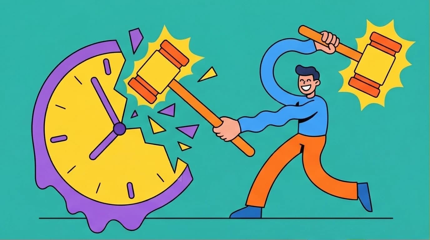 An illustration of a person smashing a clock, symbolizing using the best books on procrastination to break the cycle of delay and rewire habits.