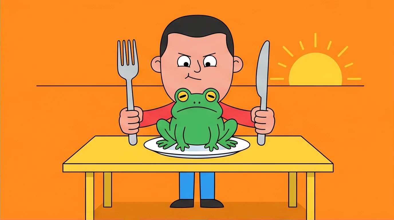 A character ready to 'eat that frog,' a metaphor from books on procrastination for tackling the most important task first to take action.
