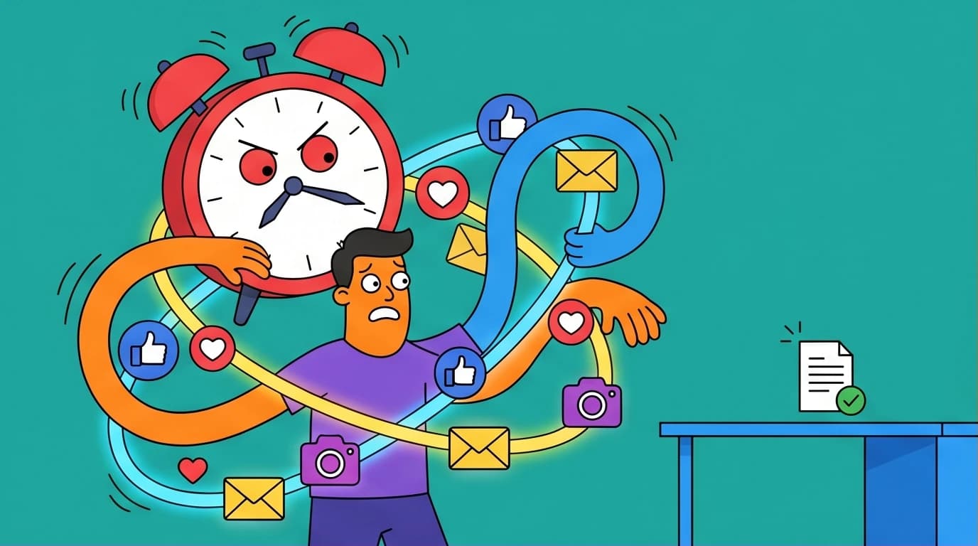 Illustration of a person trapped in a procrastination cycle of distractions, highlighting the need for systems from the best books on procrastination.