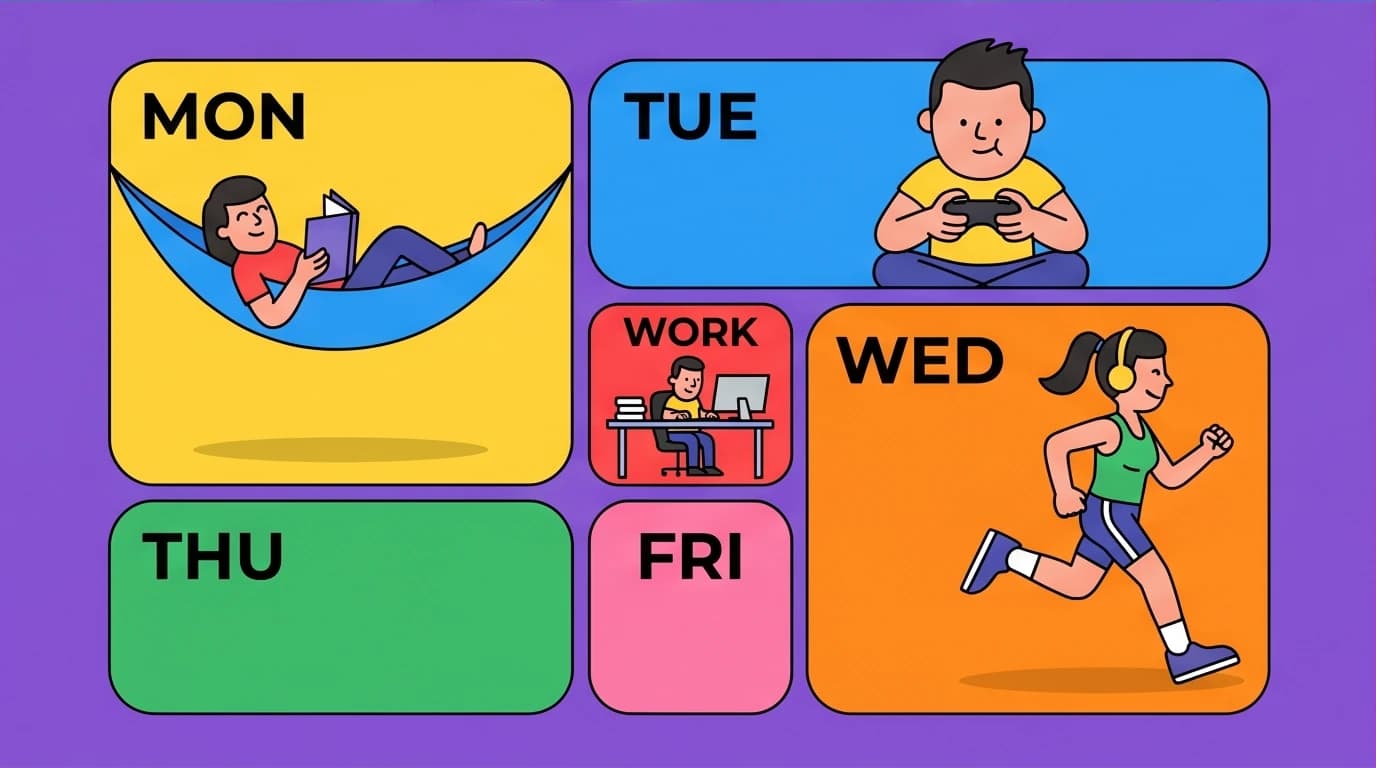An 'unschedule' calendar from 'The Now Habit' book, showing how scheduling play first can help overcome procrastination caused by anxiety.