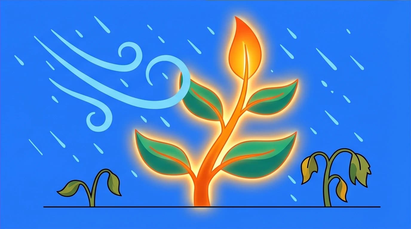 An antifragile plant thriving and growing stronger from a storm, symbolizing how to benefit from disorder, a core concept in the best books on resilience.