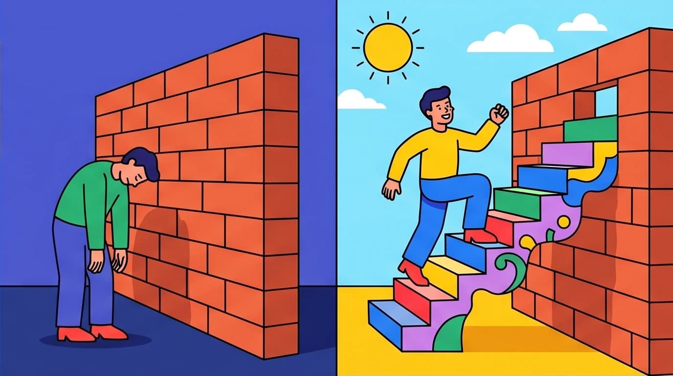 A visual metaphor for a growth mindset from books on emotional resilience, showing a person turning a wall of failure into a staircase to success.