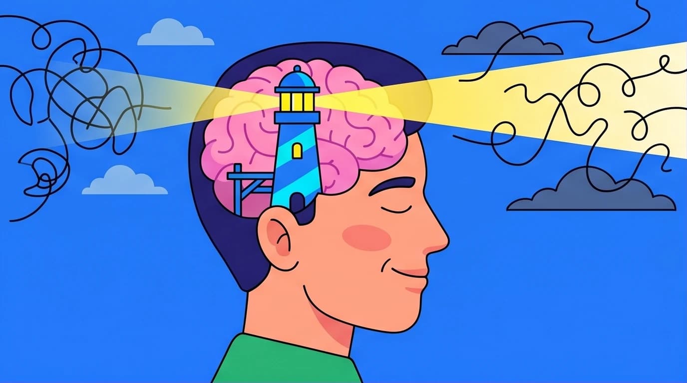 Illustration of a person building mental toughness, a key theme in books on resilience, by constructing a lighthouse in their mind to overcome adversity.