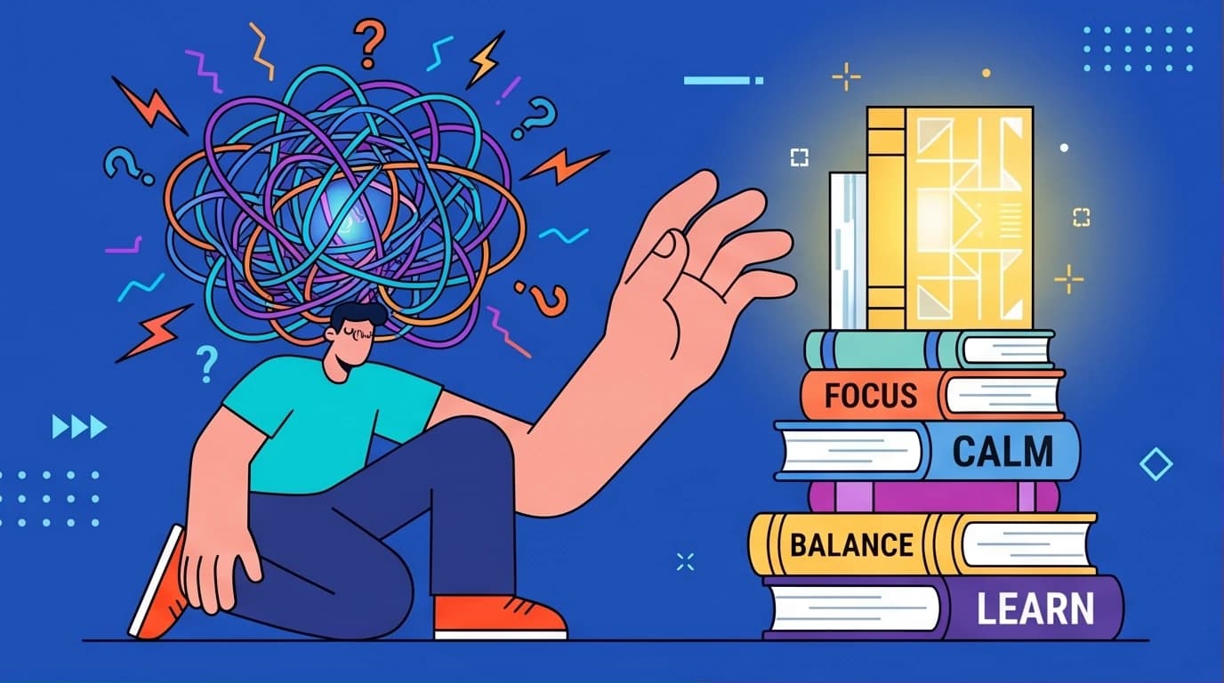 An illustration of an overwhelmed person with a tangled mind reaching for the best books on stress management to find control over burnout and anxiety.