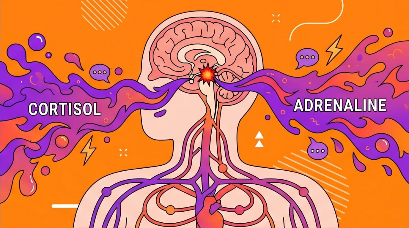 A diagram of the human brain's stress response, where the amygdala floods the nervous system with cortisol, a core concept in psychology books on stress.