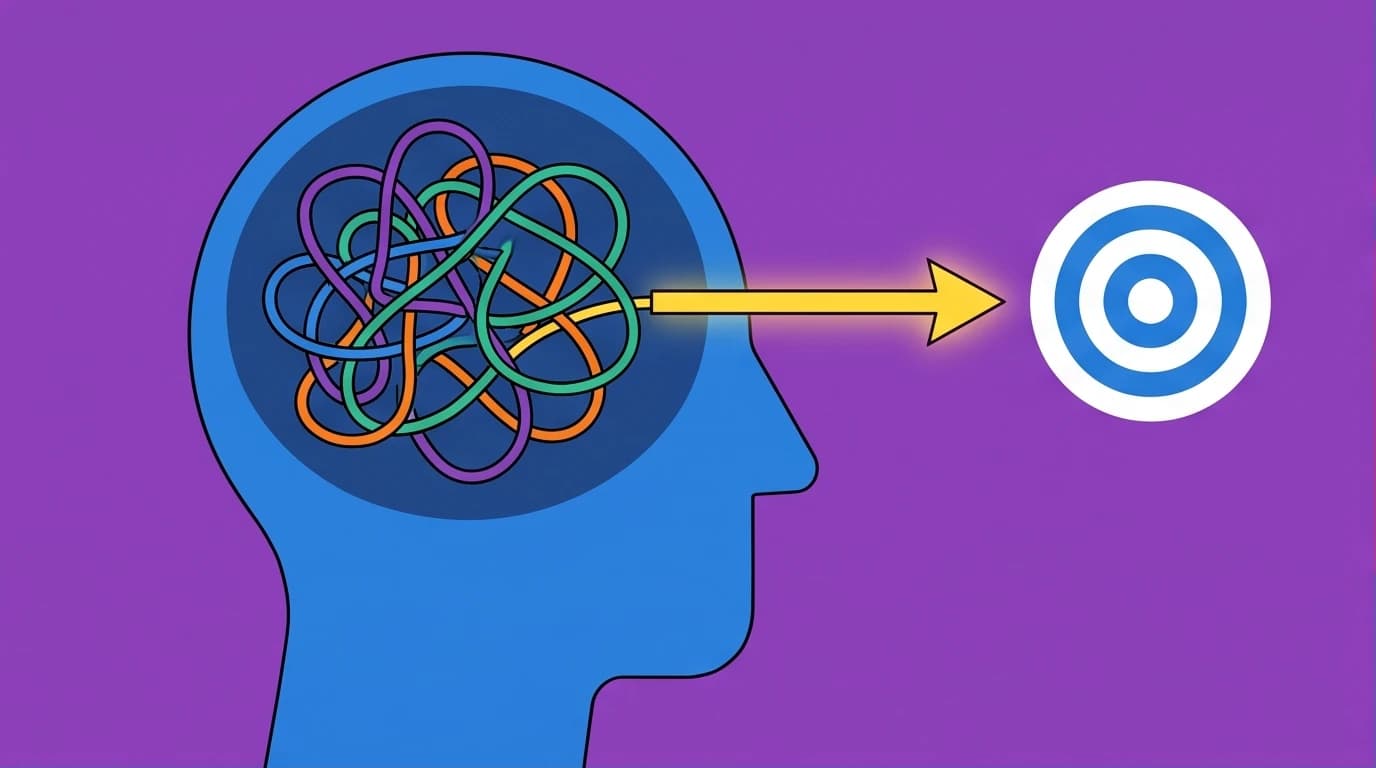 Illustration of a clear mind processing chaos into a decisive goal, symbolizing mental toughness from the best books on survival psychology.